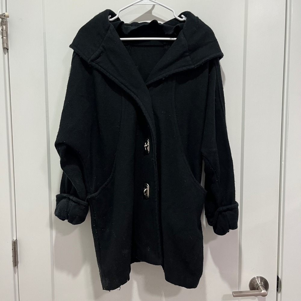 Michael Lewis Black Hooded Coat Metal Clasp Toggle Pockets Wool Blend Mid Length